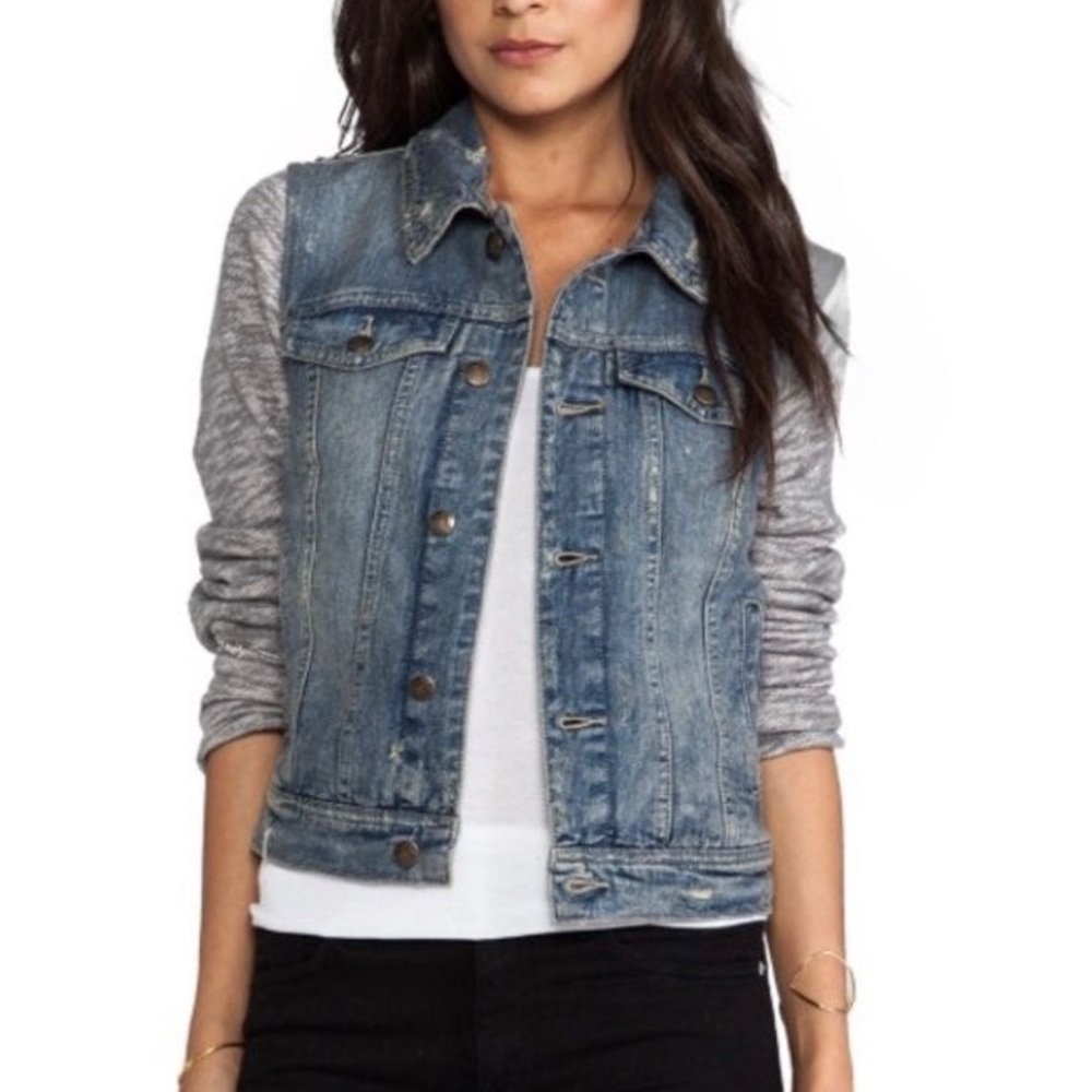 FREE PEOPLE Distressed Blue Demin Jacket with grey Sweatshirt Sleeves Size small